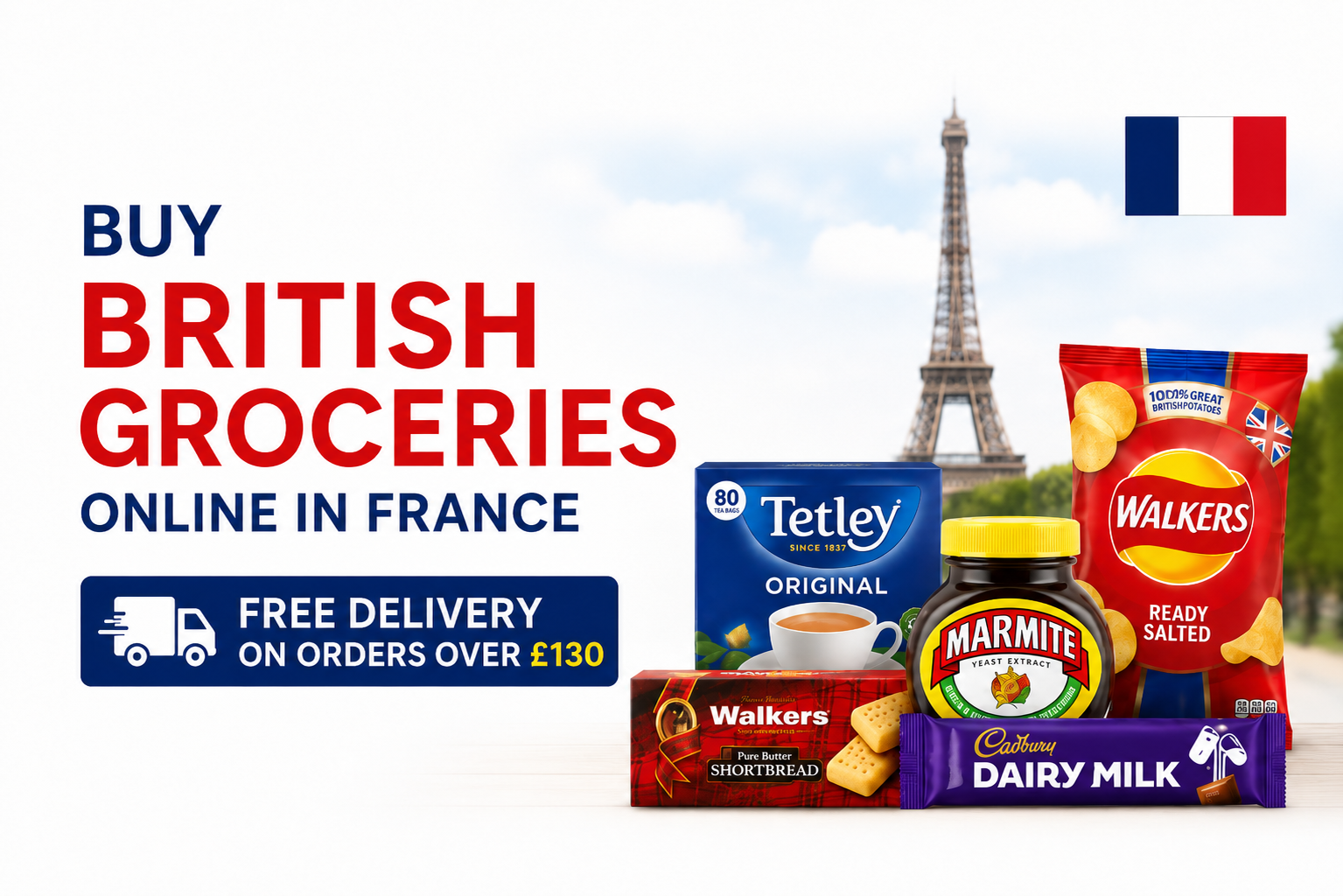 British groceries including tea, biscuits, chocolate, crisps and pantry favourites available for delivery to France