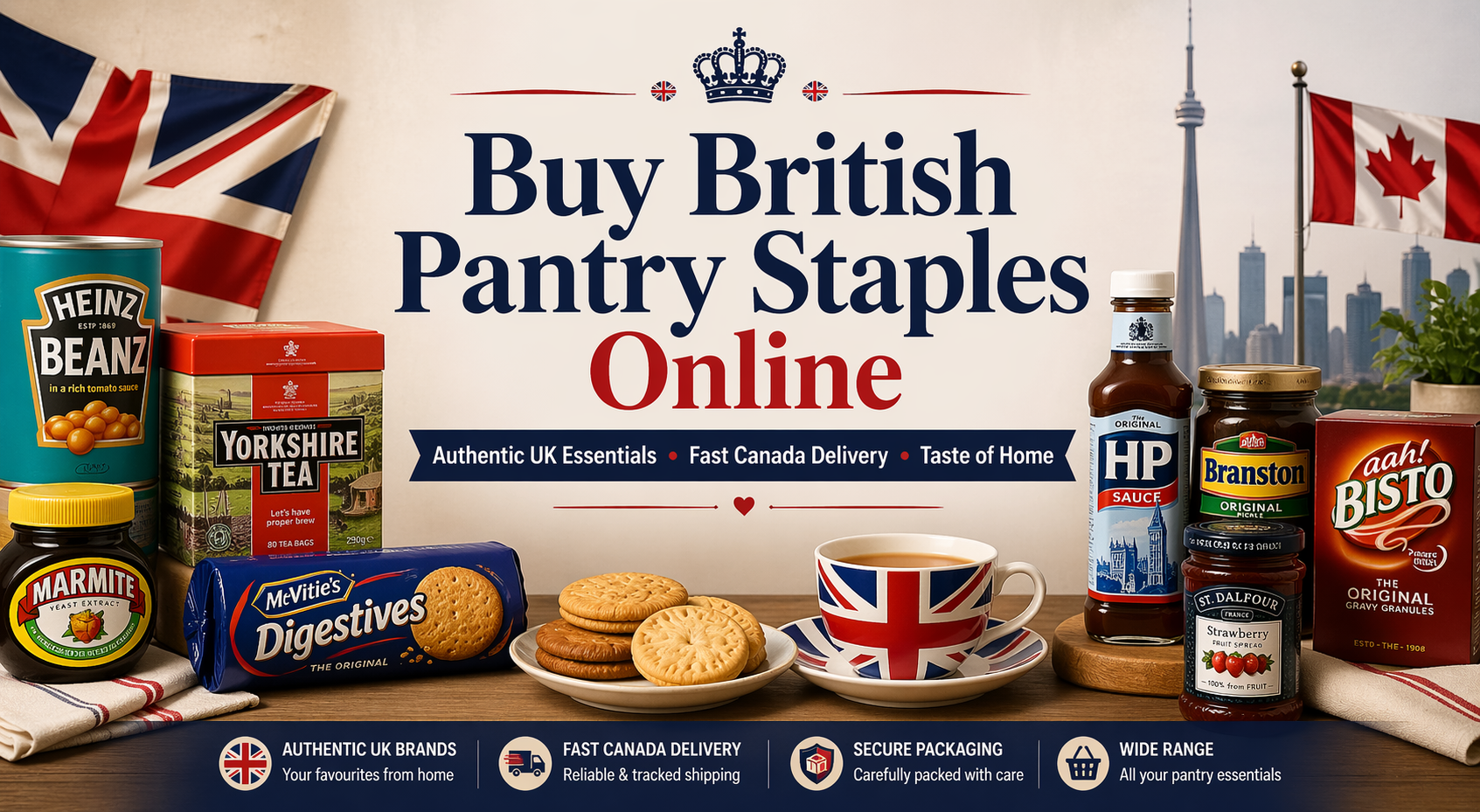 Buy British pantry staples online with authentic UK groceries including tea, biscuits, beans, and sauces delivered fast to Canada