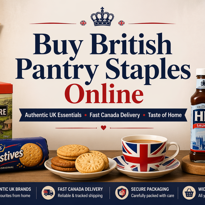 Buy British pantry staples online with authentic UK groceries including tea, biscuits, beans, and sauces delivered fast to Canada