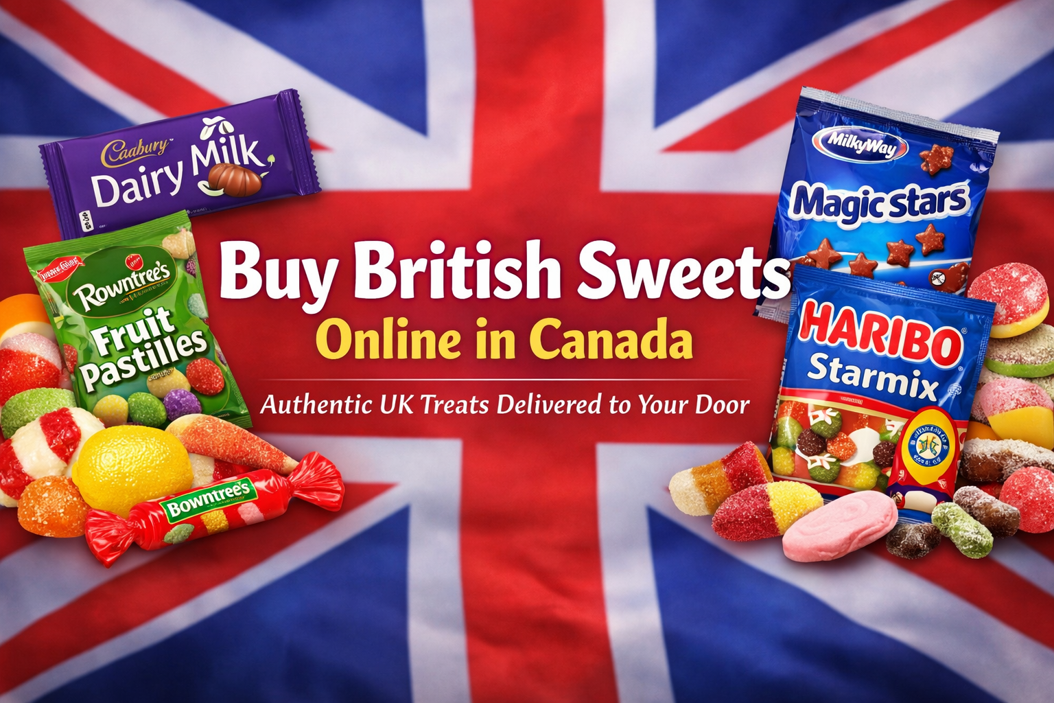Buy British sweets online in Canada banner with UK chocolates and candies including Cadbury, Rowntree’s, and Haribo on a Union Jack background