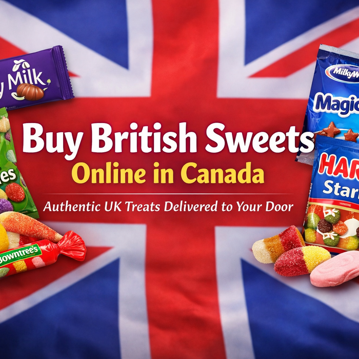 Buy British sweets online in Canada banner with UK chocolates and candies including Cadbury, Rowntree’s, and Haribo on a Union Jack background