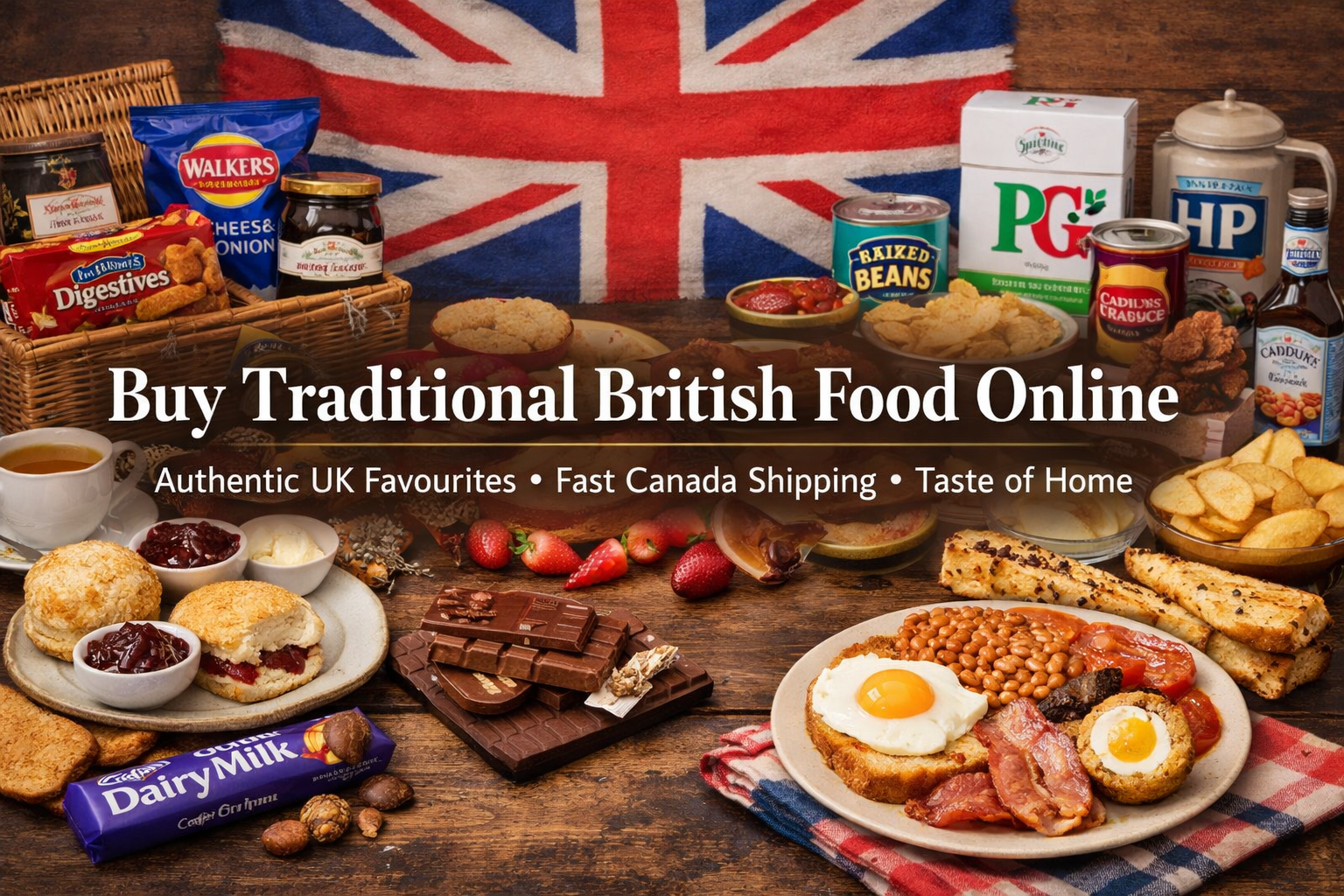 Banner displaying a variety of traditional British foods including tea, biscuits, baked beans, crisps, and a full English breakfast, with centered text promoting UK food delivery to Canada.