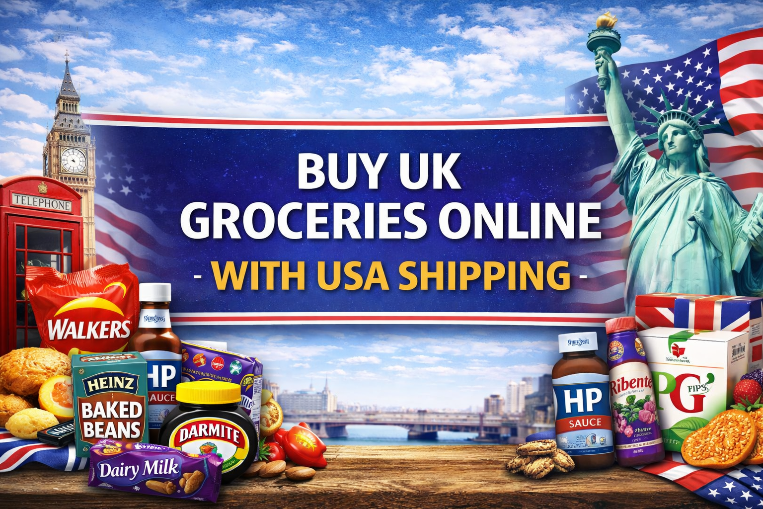 Buy UK groceries online with USA shipping banner featuring bold centre text, British and American landmarks, and popular UK food products