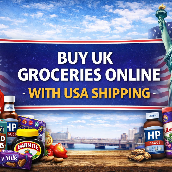 Buy UK groceries online with USA shipping banner featuring bold centre text, British and American landmarks, and popular UK food products