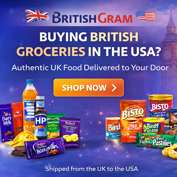 Premium BritishGram banner showing authentic British groceries shipped from the UK to the USA with chocolate, biscuits and pantry staples.