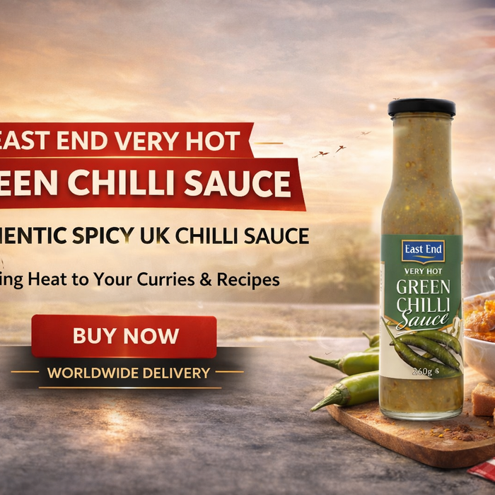 East End Very Hot Green Chilli Sauce horizontal banner with authentic UK stock and worldwide delivery