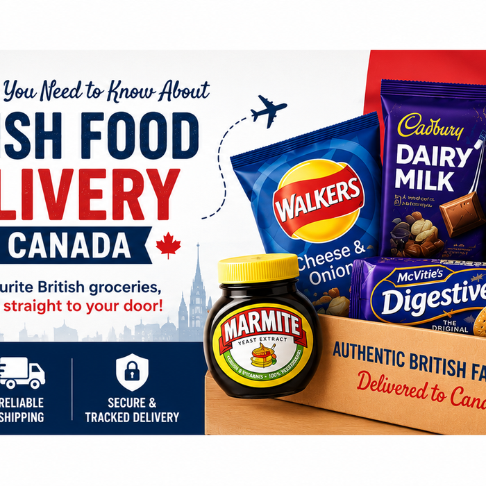 British food delivery to Canada banner featuring Walkers Crisps, Cadbury Dairy Milk, Yorkshire Tea, Marmite, McVitie’s Digestives, and HP Sauce with British and Canadian themed graphics and delivery message.