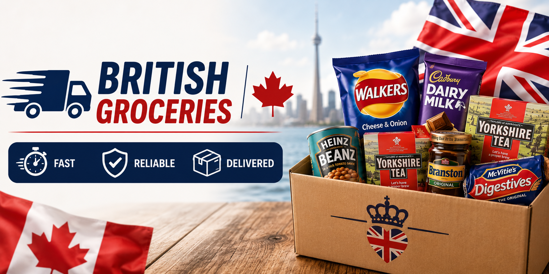 Fast and reliable British grocery delivery to Canada banner featuring UK groceries, tea, snacks, and delivery from Britain to Canada.