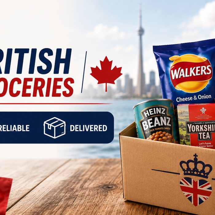 Fast and reliable British grocery delivery to Canada banner featuring UK groceries, tea, snacks, and delivery from Britain to Canada.