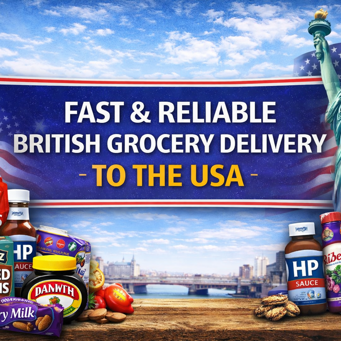 Fast and reliable British grocery delivery to the USA banner with bold centre text, UK and USA theme, and popular British food items