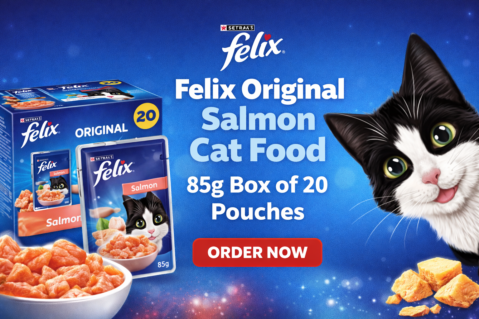 Felix Original Salmon Cat Food 85g box of 20 pouches banner showing wet salmon cat food and Felix cat on blue background