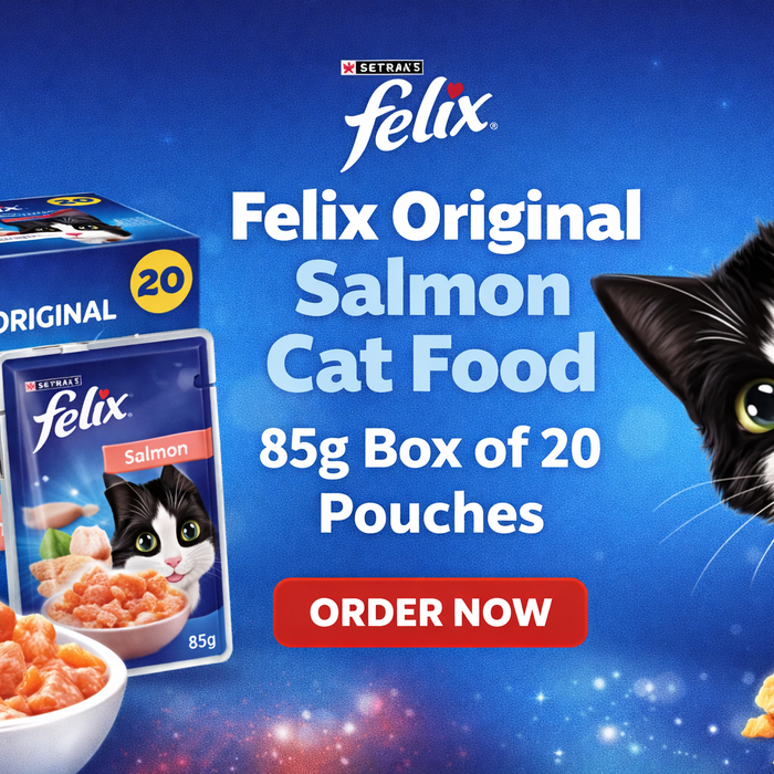 Felix Original Salmon Cat Food 85g box of 20 pouches banner showing wet salmon cat food and Felix cat on blue background