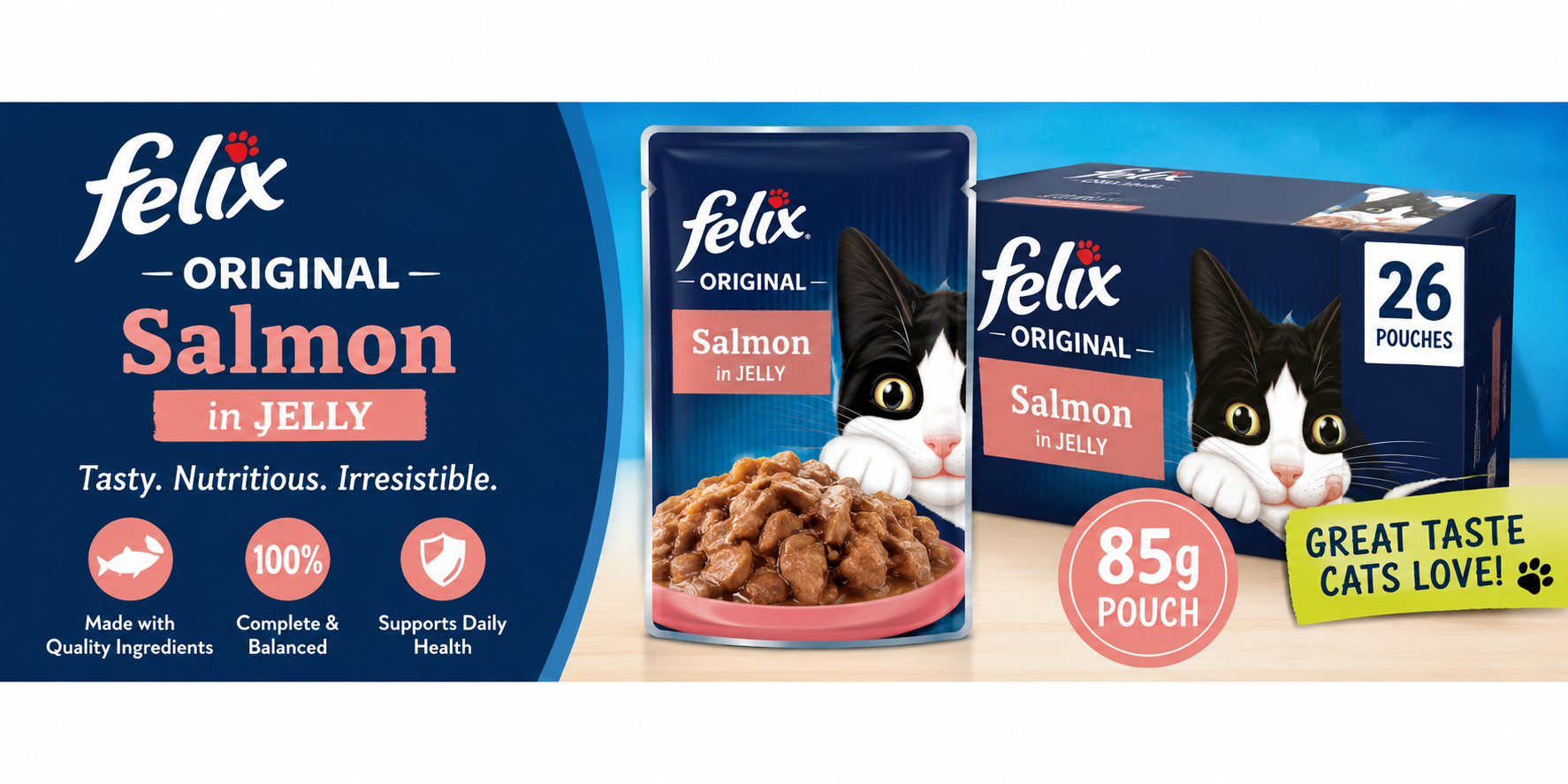 FELIX Original Salmon Cat Food banner showing 85g salmon in jelly pouches and box of 26 with playful cat design and bold centred promotional text for Shopify store display.