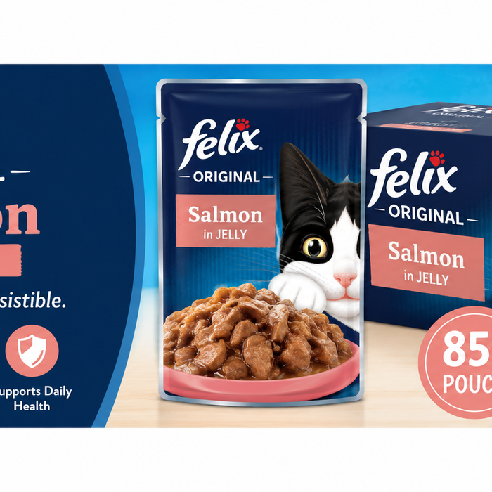 FELIX Original Salmon Cat Food banner showing 85g salmon in jelly pouches and box of 26 with playful cat design and bold centred promotional text for Shopify store display.