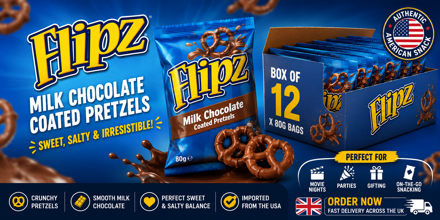 Flipz Milk Chocolate Coated Pretzels 80g Box of 12 banner featuring crunchy chocolate-covered pretzels, imported American snack packaging, and bold blue promotional design for UK delivery.