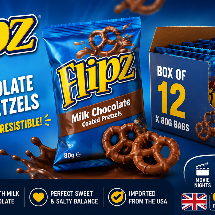 Flipz Milk Chocolate Coated Pretzels 80g Box of 12 banner featuring crunchy chocolate-covered pretzels, imported American snack packaging, and bold blue promotional design for UK delivery.