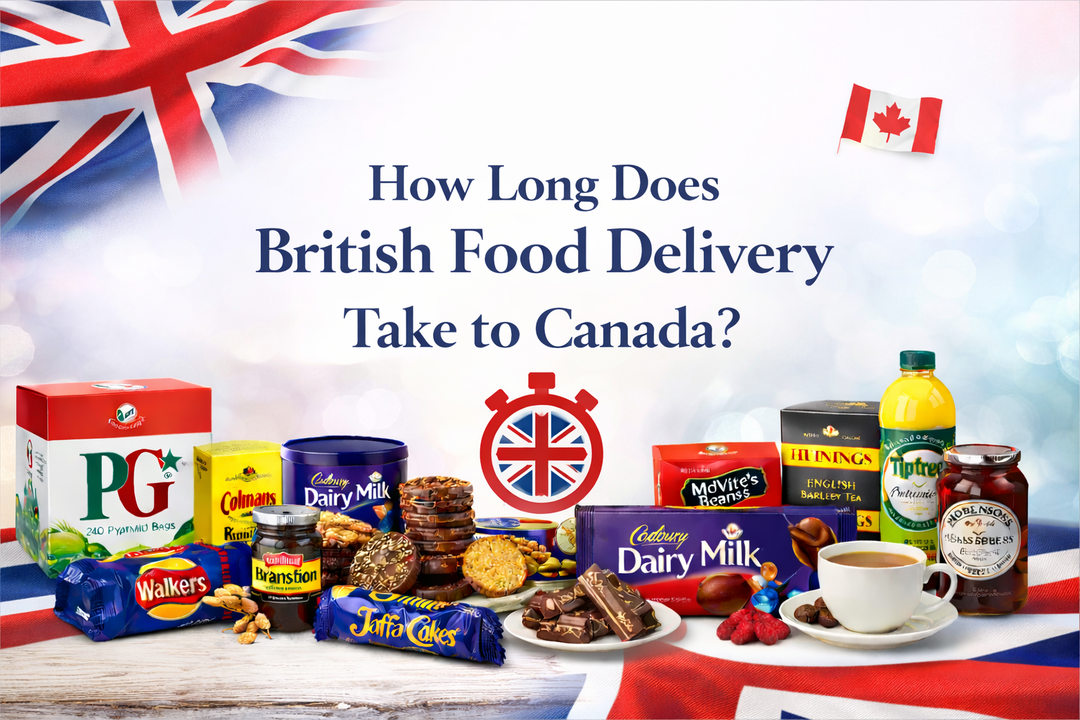 How long British food delivery takes to Canada banner with UK groceries and fast shipping message