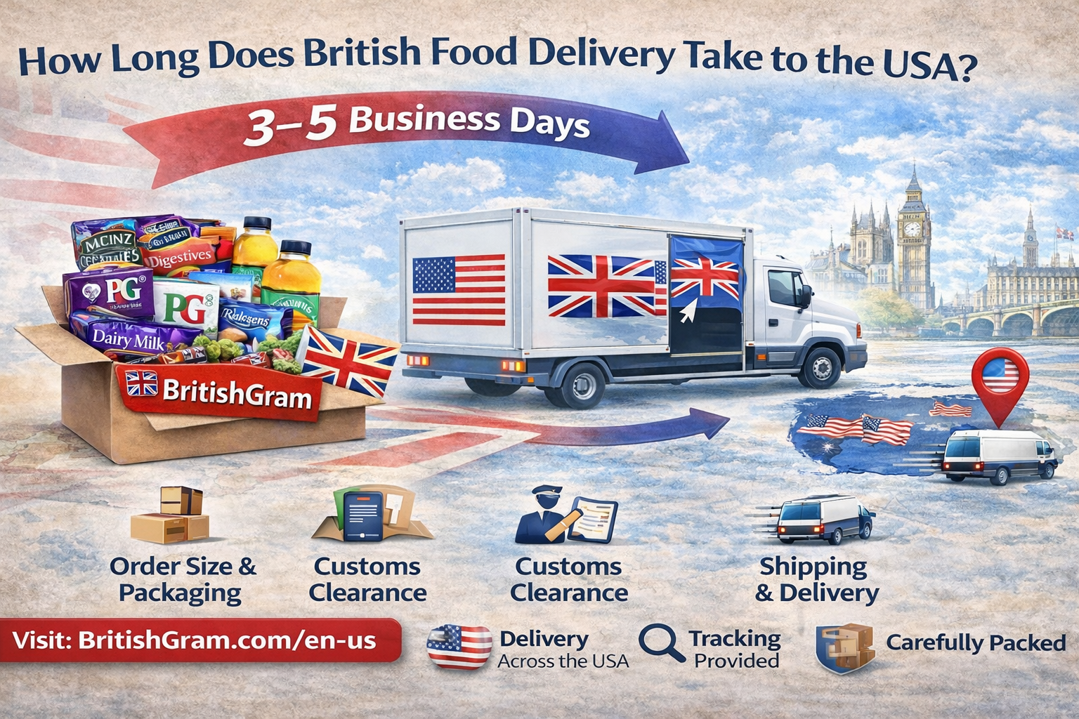 How long does British food delivery take to the USA showing 3–5 business days shipping timeline from the UK