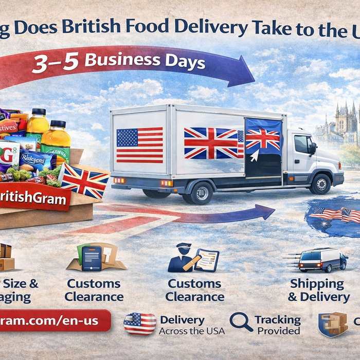 How long does British food delivery take to the USA showing 3–5 business days shipping timeline from the UK
