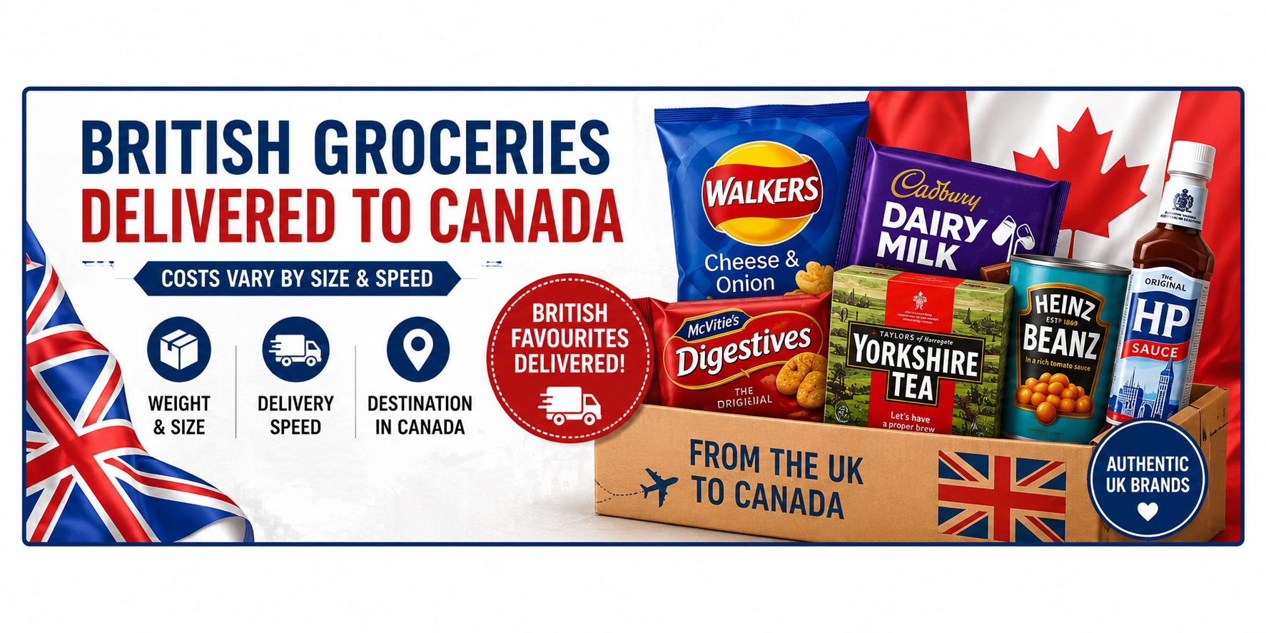 British groceries delivered to Canada banner featuring Walkers Crisps, Cadbury Dairy Milk, Yorkshire Tea, Heinz Beanz, HP Sauce, and McVitie’s Digestives with UK and Canadian flags in a clean horizontal design.