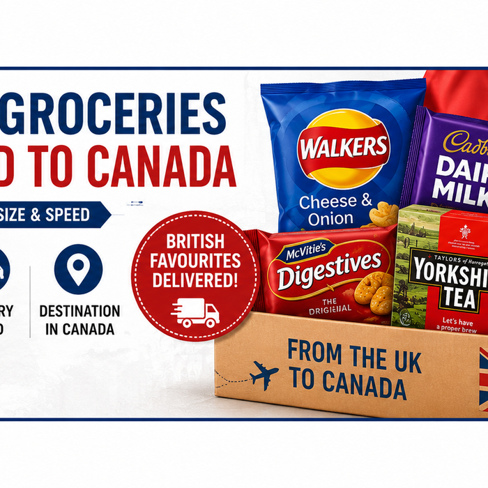 British groceries delivered to Canada banner featuring Walkers Crisps, Cadbury Dairy Milk, Yorkshire Tea, Heinz Beanz, HP Sauce, and McVitie’s Digestives with UK and Canadian flags in a clean horizontal design.