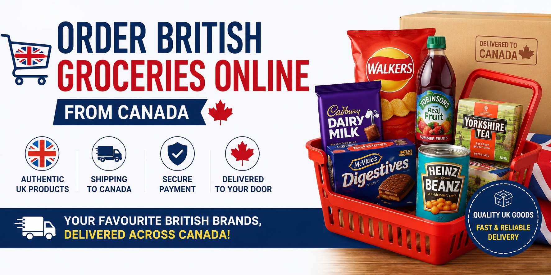 Horizontal banner showing British groceries online delivery from Canada featuring Walkers crisps, Cadbury Dairy Milk, Yorkshire Tea, Heinz Beanz, McVitie’s Digestives, and UK food products in a shopping basket with fast Canada delivery message.