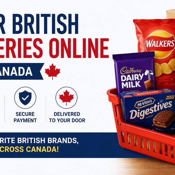Horizontal banner showing British groceries online delivery from Canada featuring Walkers crisps, Cadbury Dairy Milk, Yorkshire Tea, Heinz Beanz, McVitie’s Digestives, and UK food products in a shopping basket with fast Canada delivery message.