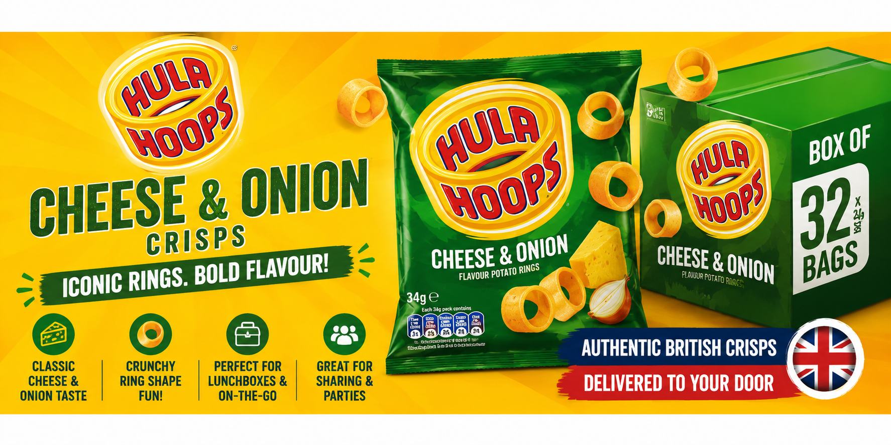 Hula Hoops Cheese & Onion Crisps 34g Box of 32 banner featuring crunchy British ring crisps with bold cheese and onion flavour in bright yellow and green packaging.