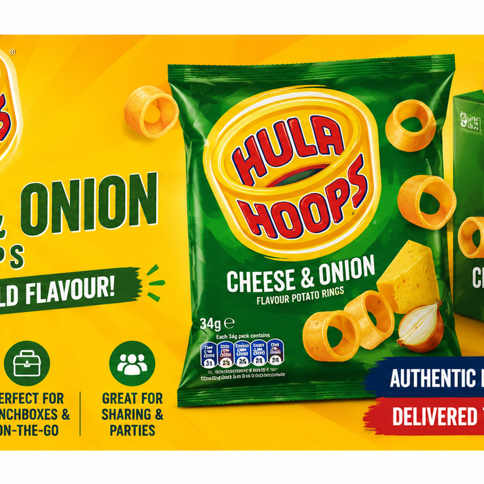 Hula Hoops Cheese & Onion Crisps 34g Box of 32 banner featuring crunchy British ring crisps with bold cheese and onion flavour in bright yellow and green packaging.