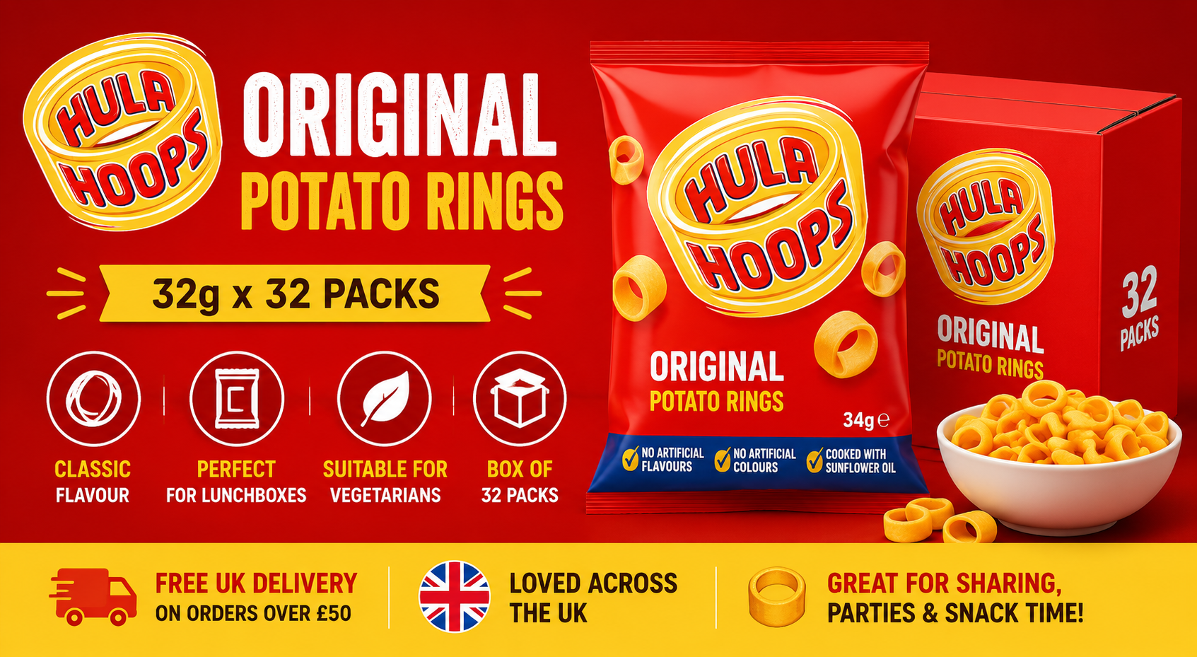 Hula Hoops Original Potato Rings banner showing 34g crisp packets, box of 32 packs, crunchy ring snacks, and classic UK snack branding.