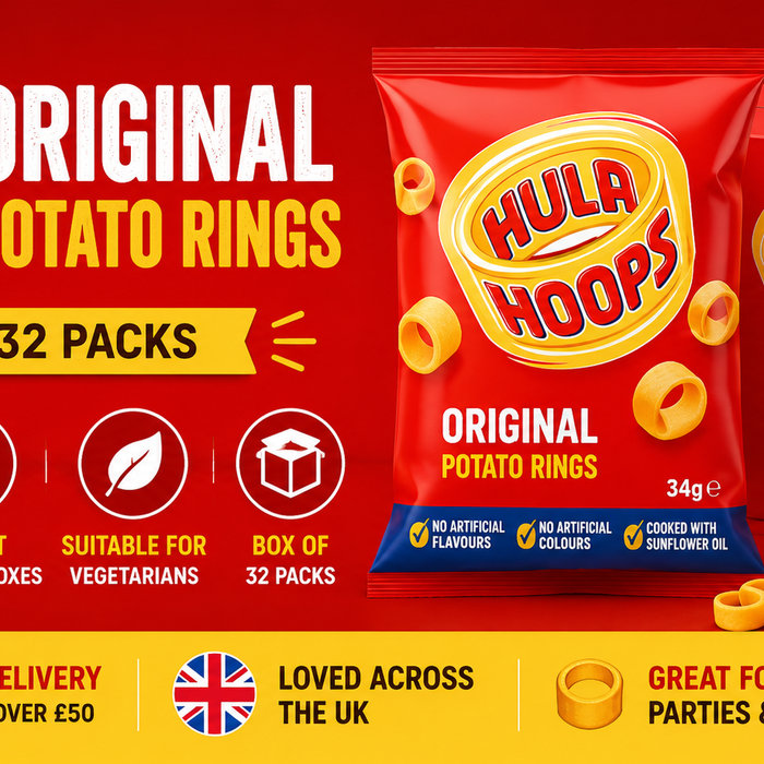 Hula Hoops Original Potato Rings banner showing 34g crisp packets, box of 32 packs, crunchy ring snacks, and classic UK snack branding.