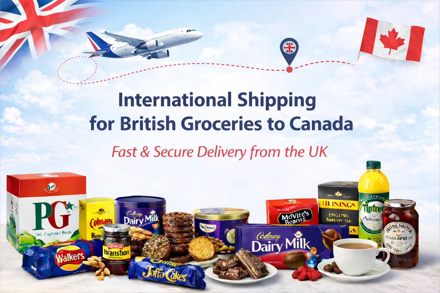 International shipping for British groceries to Canada banner with UK food, airplane route graphic, and fast secure delivery message