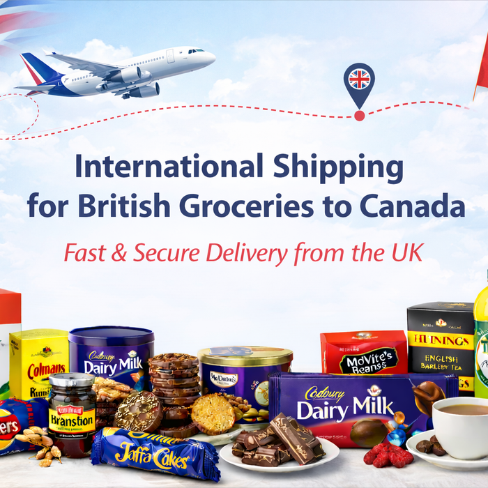 International shipping for British groceries to Canada banner with UK food, airplane route graphic, and fast secure delivery message