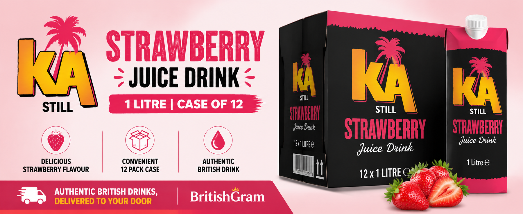 KA Still Strawberry Juice Drink 1 Litre Case of 12 horizontal BritishGram promotional banner with strawberry carton packaging
