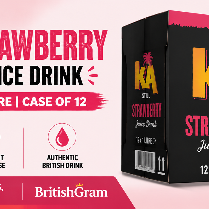 KA Still Strawberry Juice Drink 1 Litre Case of 12 horizontal BritishGram promotional banner with strawberry carton packaging