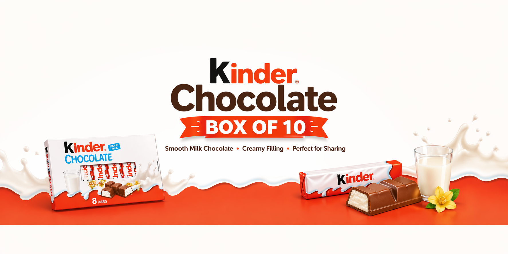 Kinder Chocolate Box of 10 banner with centred text, smooth milk chocolate and creamy filling theme, extra spacing for Shopify display