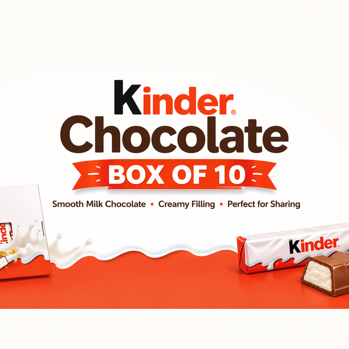 Kinder Chocolate Box of 10 banner with centred text, smooth milk chocolate and creamy filling theme, extra spacing for Shopify display
