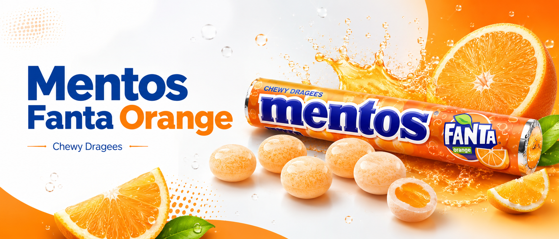 Mentos Fanta Orange chewy dragees slim banner with orange fruit splash and candy pack