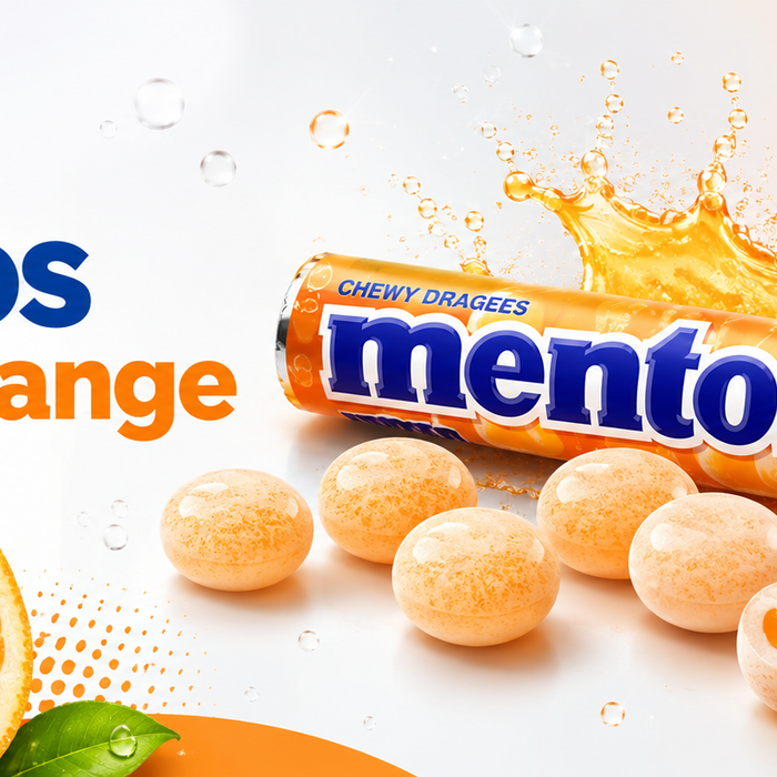 Mentos Fanta Orange chewy dragees slim banner with orange fruit splash and candy pack