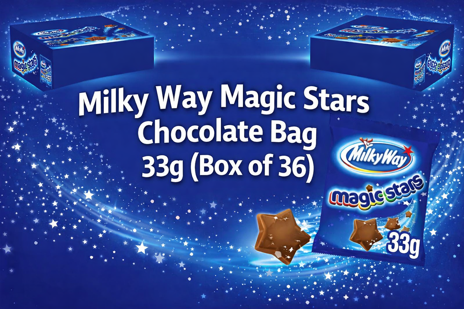 Milky Way Magic Stars Chocolate Bag 33g Box of 36 with blue starry background and floating chocolate stars, bulk British chocolate pack