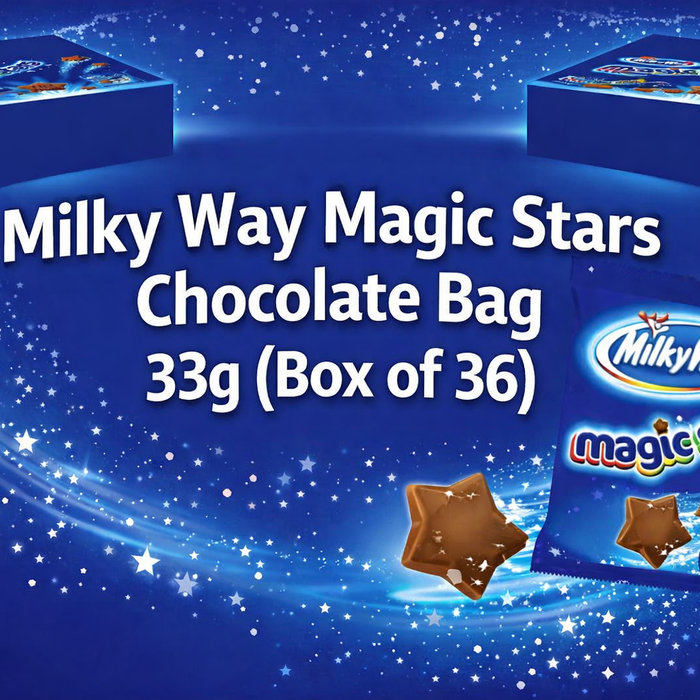 Milky Way Magic Stars Chocolate Bag 33g Box of 36 with blue starry background and floating chocolate stars, bulk British chocolate pack