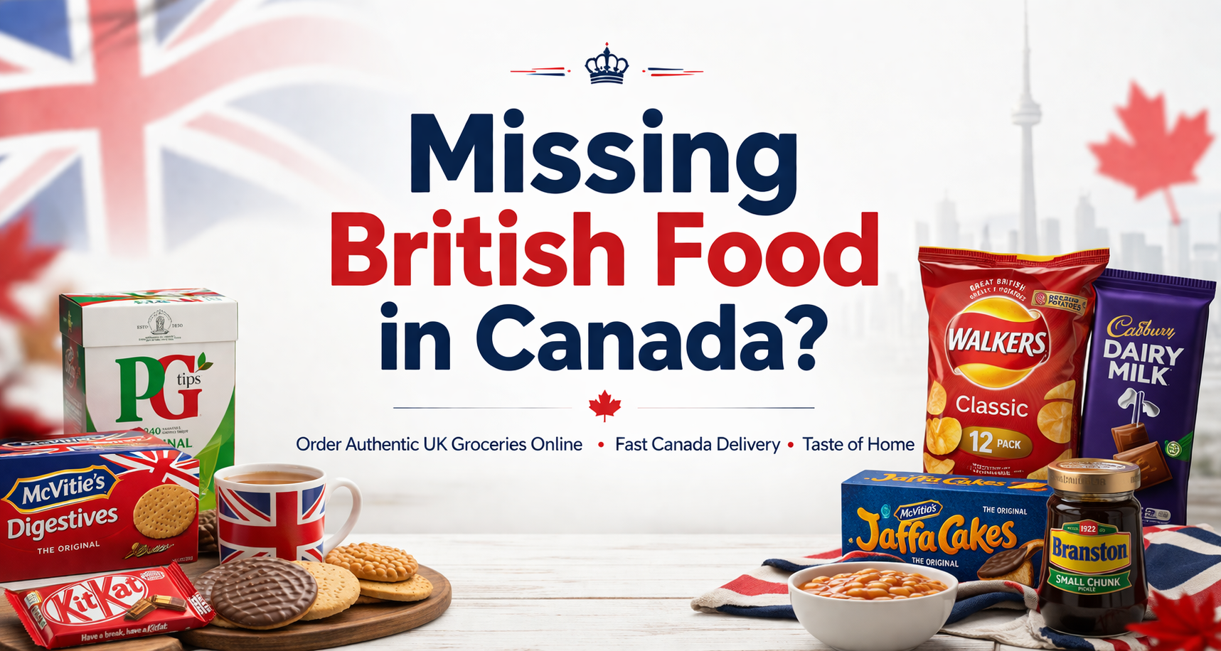 Missing British food in Canada banner with UK groceries online delivery, biscuits, tea, chocolate and snacks
