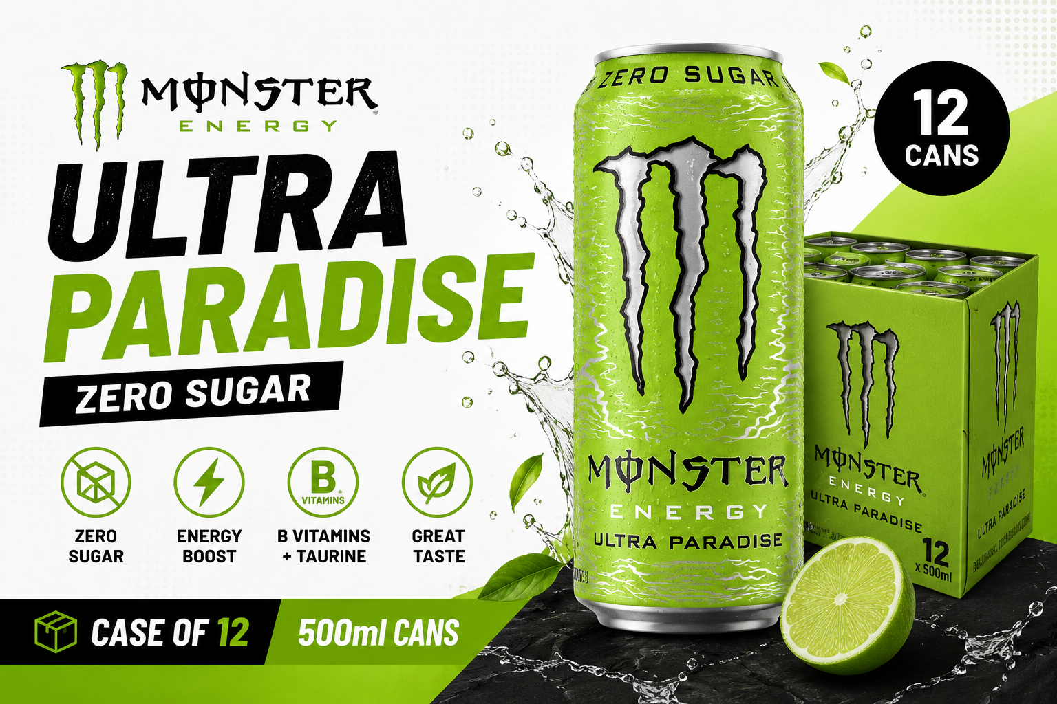 Monster Ultra Paradise Energy Drink Zero Sugar 500ml case of 12 cans