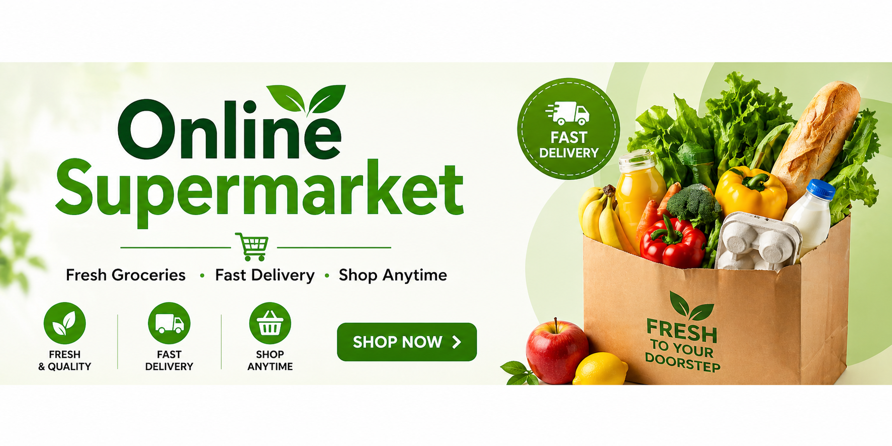 Online supermarket banner showing fresh groceries and fast home delivery service