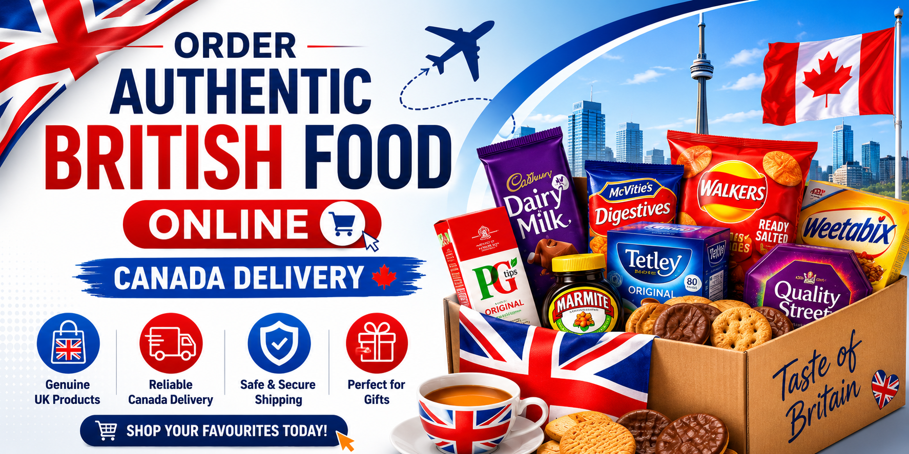 British food delivery to Canada banner showing popular UK snacks, tea, biscuits and groceries packed in a delivery box.