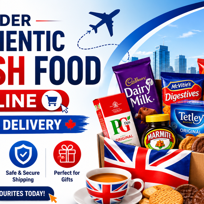 British food delivery to Canada banner showing popular UK snacks, tea, biscuits and groceries packed in a delivery box.