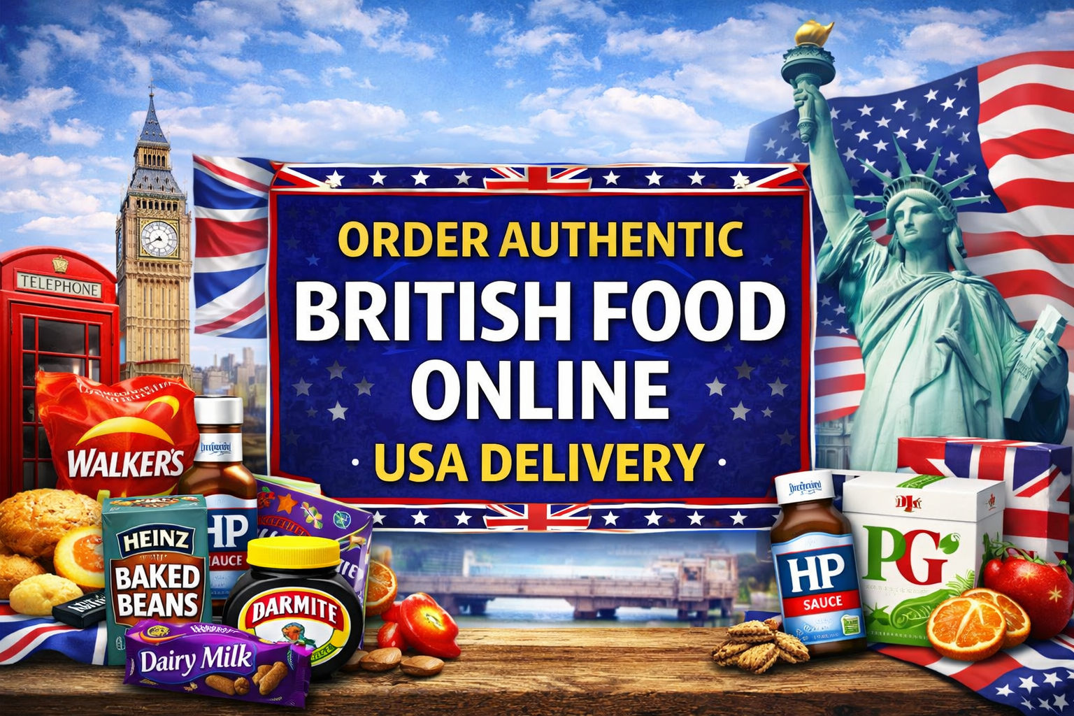 Order authentic British food online USA delivery banner with bold central text, UK and USA flags, and popular British grocery products