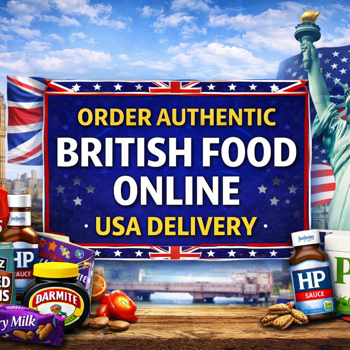 Order authentic British food online USA delivery banner with bold central text, UK and USA flags, and popular British grocery products