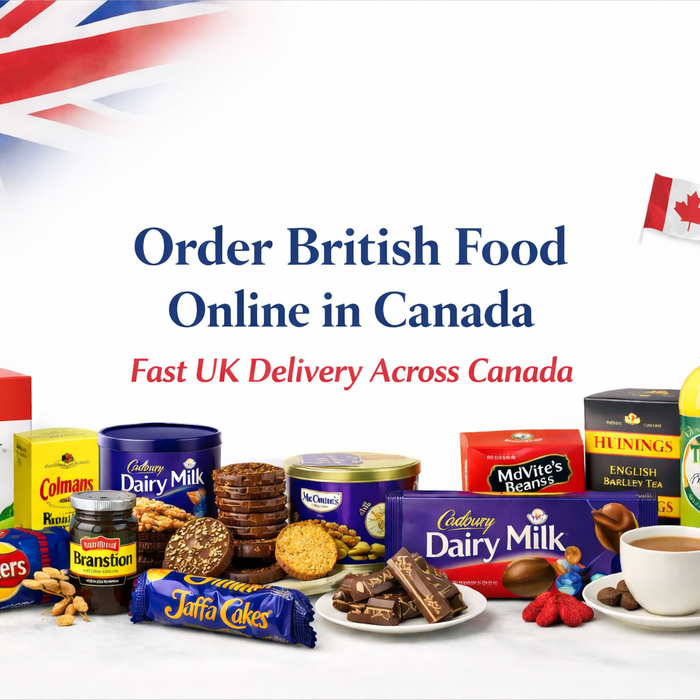 Order British food online in Canada banner with UK groceries including tea, biscuits, chocolate and fast delivery message