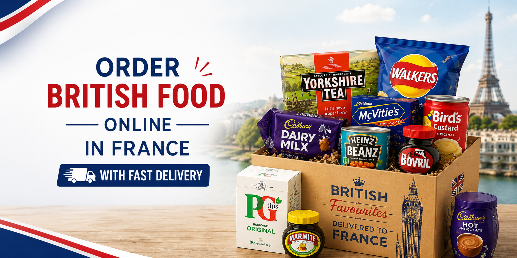 British food favourites including tea, biscuits, crisps and groceries available online in France with fast delivery